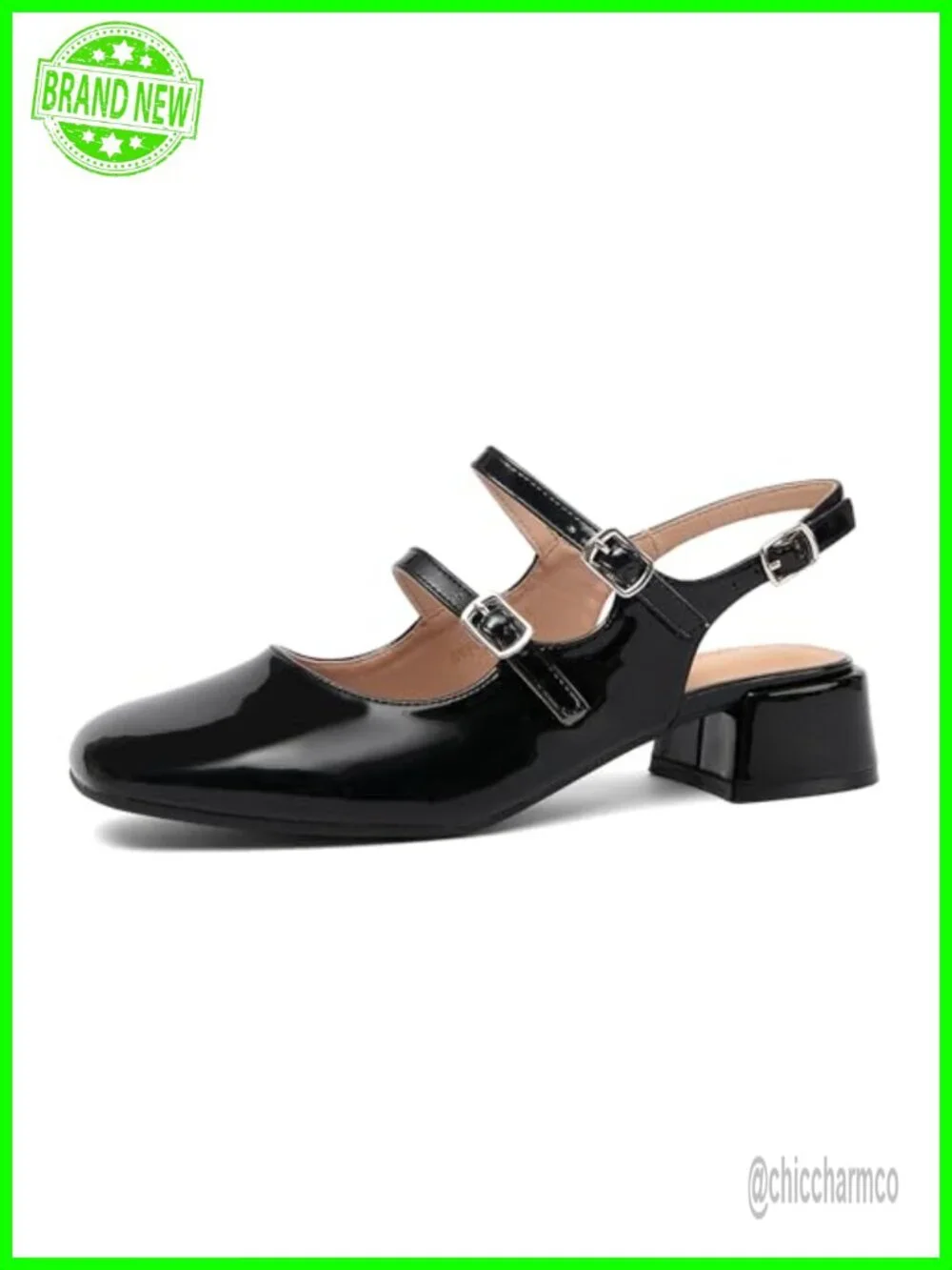 Women's Square Toe Block Heel Slingback Pumps Double Ankle Strap Patent Leather